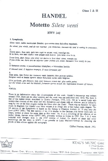 Silete Venti HWV242&nbsp;&nbsp;for soprano, 2 oboes and strings&nbsp;&nbsp;set of instrumental parts