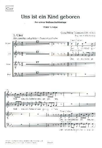Uns ist ein Kind geboren TWV1:1454&nbsp;&nbsp;für Soli und Instrumente (gem Chor ad lib)&nbsp;&nbsp;Chorpartitur