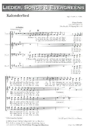 Kalenderlied  für Männerchor a cappella  Partitur