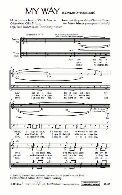 My Way  für gem Chor a cappella (Klavier ad lib)  Chorpartitur