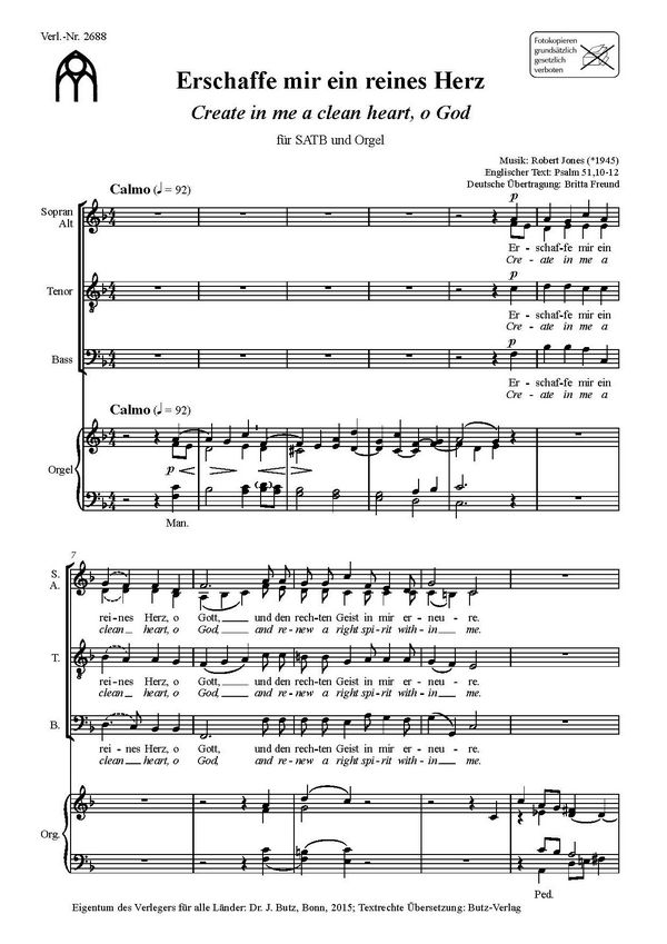Erschaffe mir ein reines Herz&nbsp;&nbsp;für gem Chor und Orgel&nbsp;&nbsp;Partitur (dt/en)