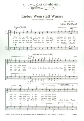 Lieber Wein statt Wasser  für Männerchor a cappella  Partitur