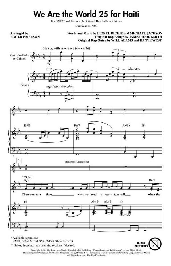We are the World - 25 for Haiti&nbsp;&nbsp;for mixed chorus and piano (handbells/chimes ad lib)&nbsp;&nbsp;score
