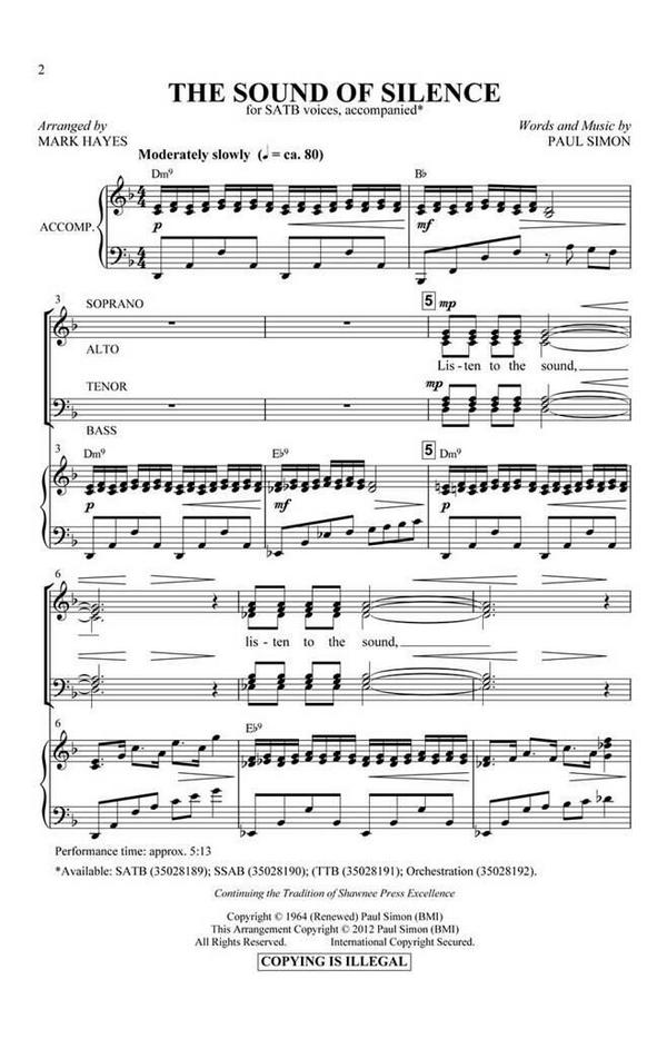 The Sound of Silence  for mixed chorus and piano  score