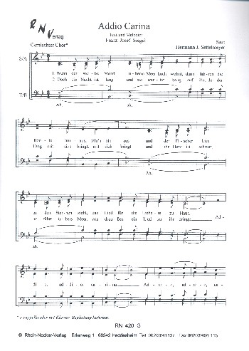 Addio Carina  für gem Chor a cappella (Klavier ad lib)  Chorpartitur