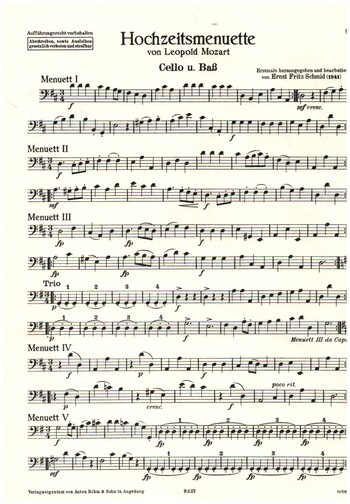 Hochzeitsmenuette&nbsp;&nbsp;für 2 Hörner, 2 Violinen und Violoncello (Kontrabass)&nbsp;&nbsp;Violoncello (Kontrabass)