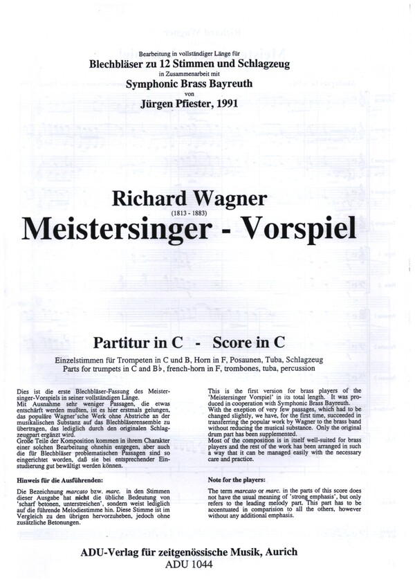 Meistersinger - Vorspiel&nbsp;&nbsp;für 5 Trompeten, 4 Posaunen, 2 Hörner, Tuba und Schlaginstrument&nbsp;&nbsp;Partitur und Stimmen