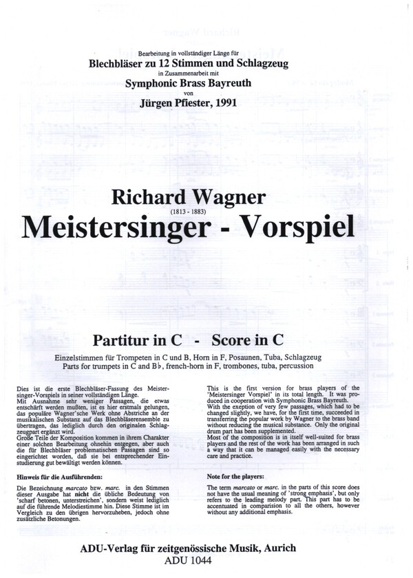 Meistersinger - Vorspiel  für 5 Trompeten, 4 Posaunen, 2 Hörner, Tuba und Schlaginstrument  Partitur und Stimmen