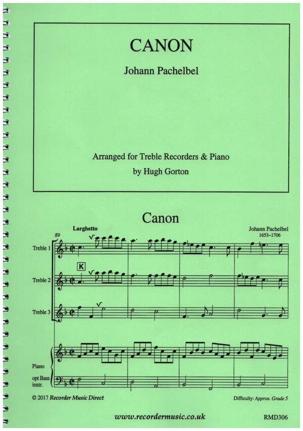 Canon  for 3 treble recorders and piano  piano score and flute score