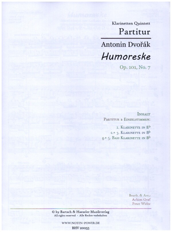 Humoreske op.101 Nr.7  für Klarinettenquintett (1.KLinES,2+3Kl.in B, 4+5 Basskla.in B)  Partitur und Stimmen