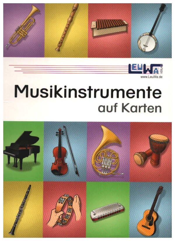 Musikinstrumente auf Karten  Technisch genau gezeichnete Musikinstrumente mit den Instrumentennamen und Instrumentengruppen  