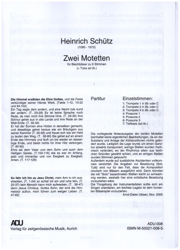 2 Motetten&nbsp;&nbsp;für 3 Trompeten und 3 Posaunen (Tuba ad lib)&nbsp;&nbsp;Partitur und Stimmen