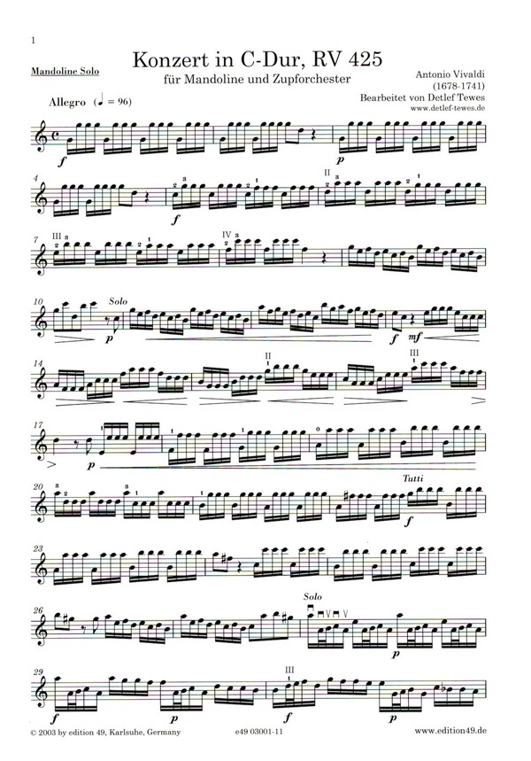 Konzert C-Dur RV425&nbsp;&nbsp;für Mandoline und Zupforchester&nbsp;&nbsp;Mandoline