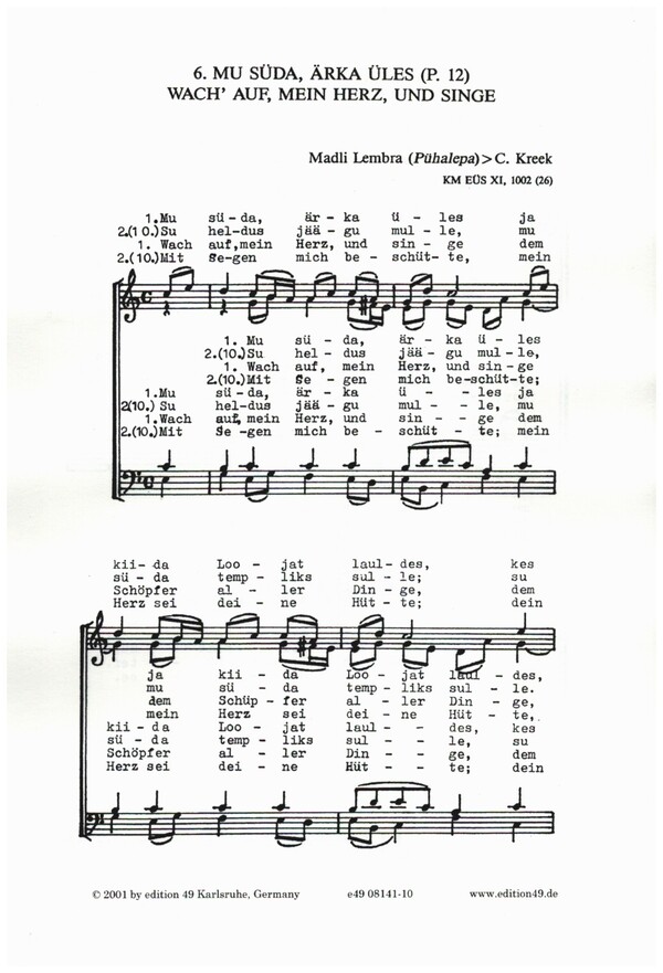 Wach auf mein Herz und Singe&nbsp;&nbsp;für gem Chor a cappella&nbsp;&nbsp;Chorpartitur