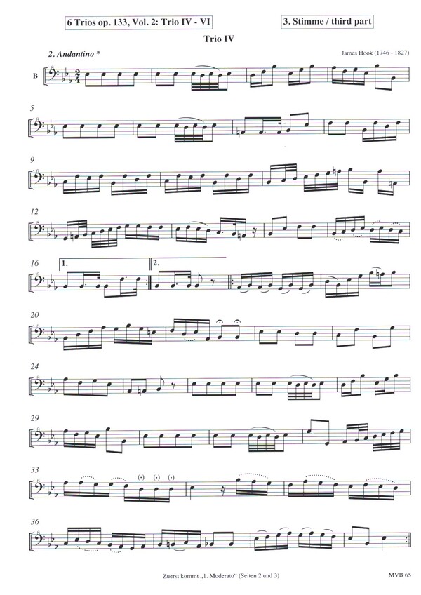 6 Trios op.133 Band 2 (Nr.4-6)  für 3 Blockflöten (ATB, Trio Nr.4 ABB)  3.Stimme Bassblockflöte