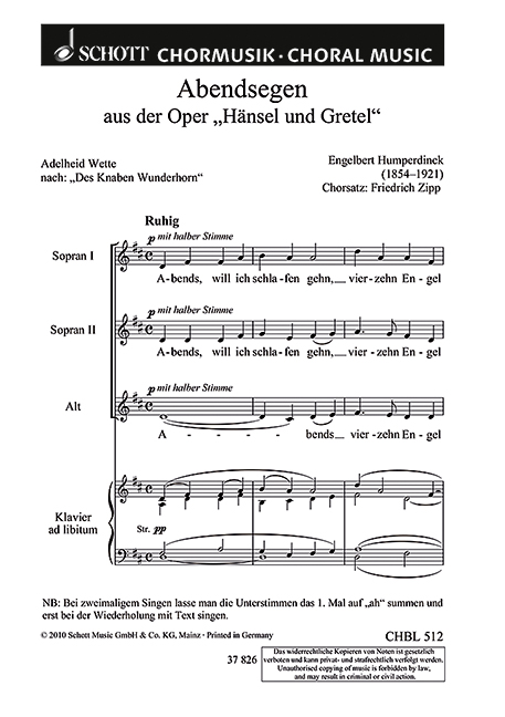 Abendsegen aus Hänsel und Gretel&nbsp;&nbsp;für Frauenchor (SSA)&nbsp;&nbsp;Partitur