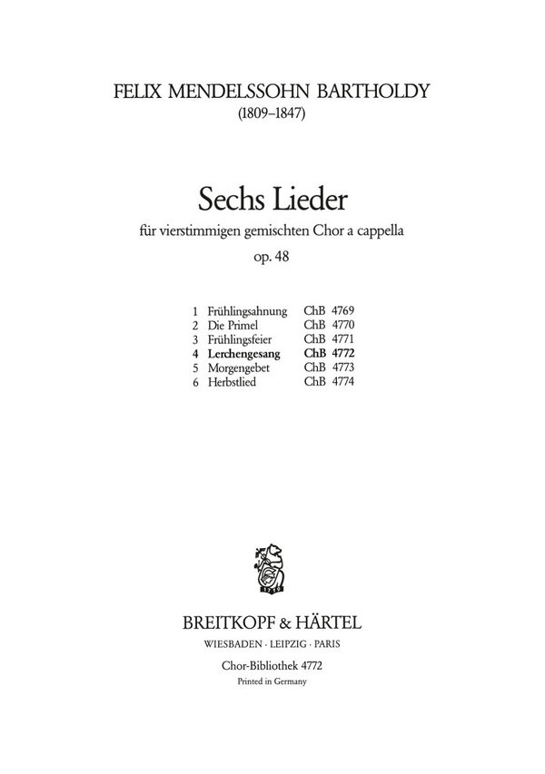 Lerchengesang 'Wie lieblicher Klang' op.48,4&nbsp;&nbsp;für gem Chor a cappella&nbsp;&nbsp;Chorpartitur