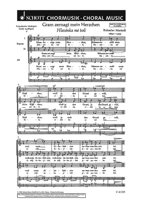 Tschechische Madrigale · ?eské madrigaly H 278&nbsp;&nbsp;für Frauenchor (SSA)&nbsp;&nbsp;Chorpartitur