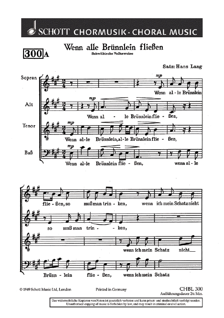 Wenn alle Brünnlein fliessen / Bona nox  für gemischten Chor (SATB)  Chorpartitur