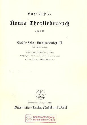 Neues Chorliederbuch op.16 Folge 6  Kalendersprüche 3 (Juli bis September)  für gem Chor,  Partitur