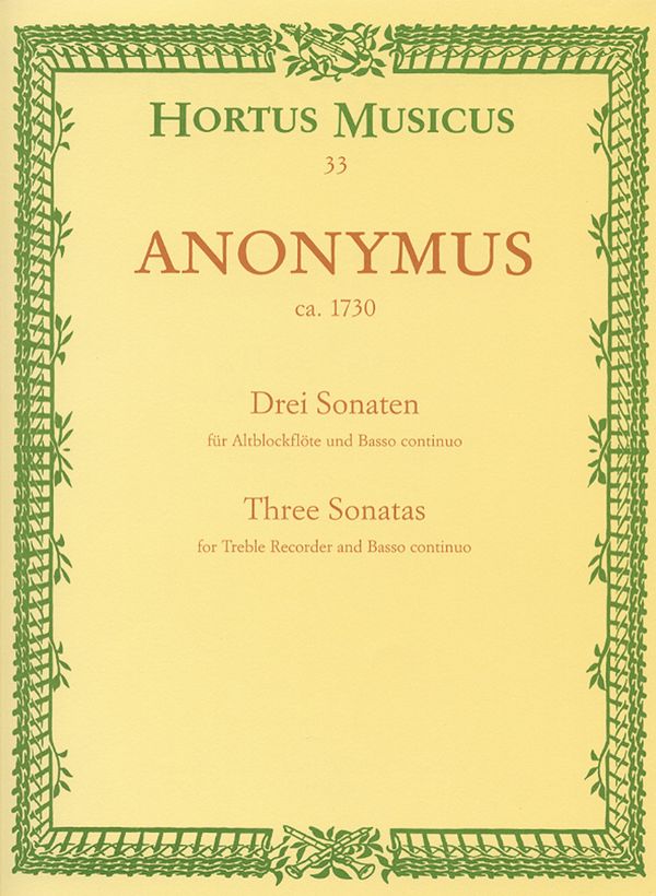 3 Sonaten F-Dur, f-Moll und C-Dur  für Altblockflöte und bc  