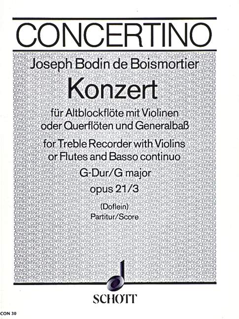 Konzert G-Dur op. 21/3  für Alt-Blockflöte, Violine (Flöte) und Basso continuo  Partitur