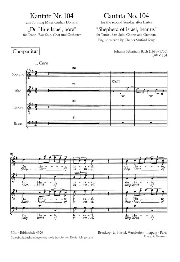 Du Hirte Israel, höre - Kantate Nr.104 BWV104&nbsp;&nbsp;für Soli, gem Chor und Orchester&nbsp;&nbsp;Chorpartitur
