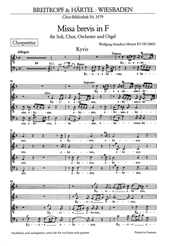 Missa brevis F-Dur KV192&nbsp;&nbsp;für Soli, gem Chor und Orchester&nbsp;&nbsp;Chorpartitur