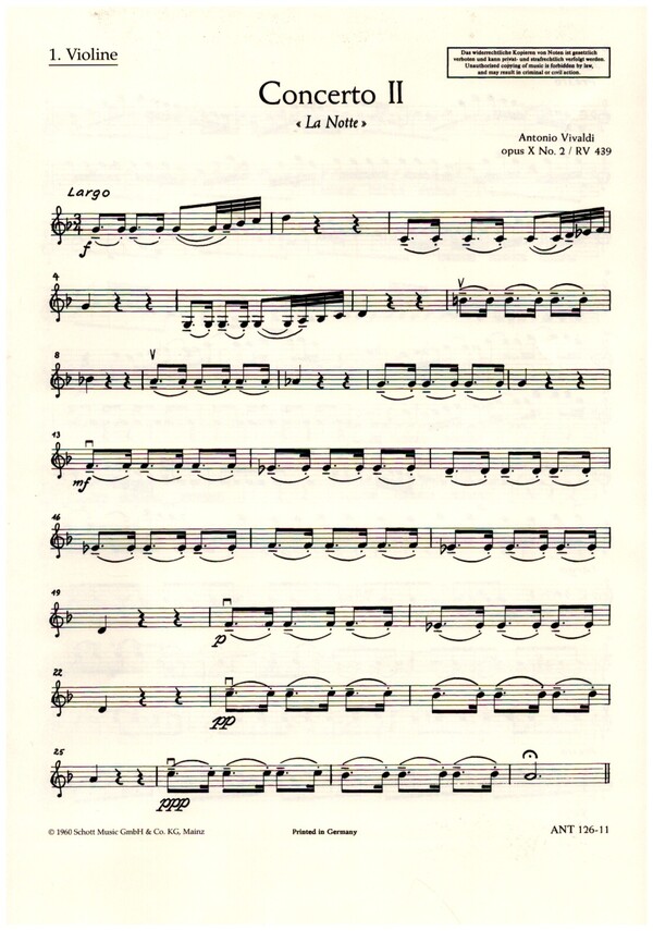 Concerto Nr. 2 g-Moll op. 10/2 RV 439/PV 342&nbsp;&nbsp;für Flöte (Alt-Blockflöte), Streichorchester und Basso continuo&nbsp;&nbsp;Einzelstimme - Violine I