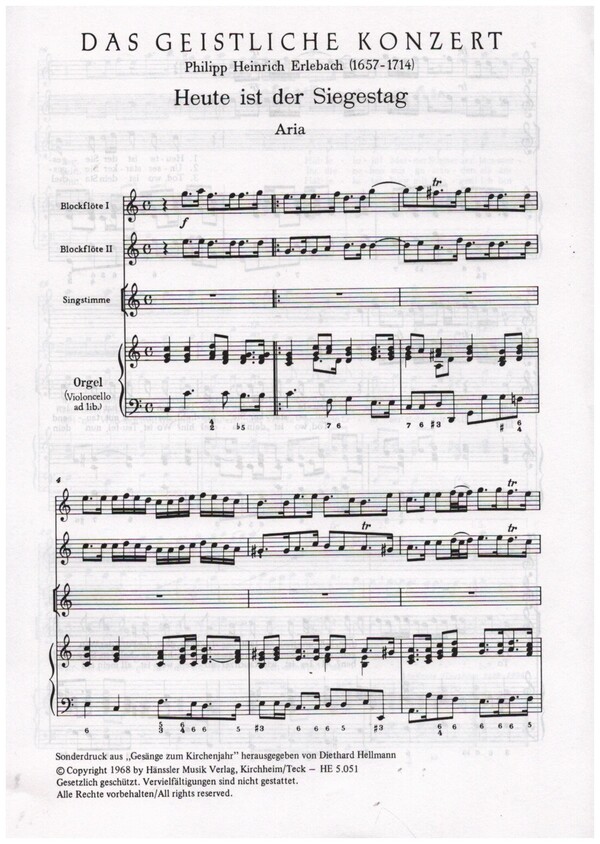 Heute ist der Siegestag für hohe  Singstimme, 2 Altblockfloeten und Bc  Partitur und 3 Stimmen