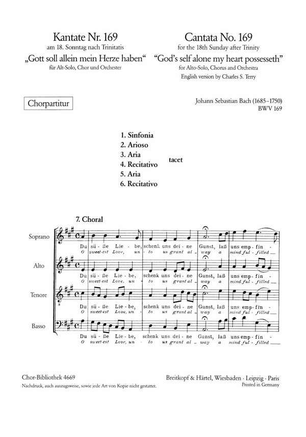 Gott soll allein mein Herze haben - Kantate Nr.169 BWV169&nbsp;&nbsp;für Soli, gem Chor und Orchester&nbsp;&nbsp;Chorpartitur