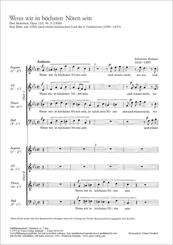 Wenn wir in höchsten Nöten sein&nbsp;&nbsp;Motette für Doppelchor a cappella&nbsp;&nbsp;Partitur