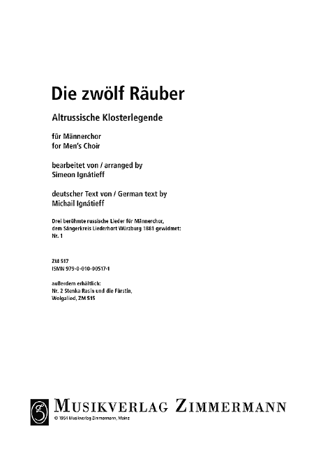 Die 12 Räuber&nbsp;&nbsp;für Männerchor a cappella&nbsp;&nbsp;partitur