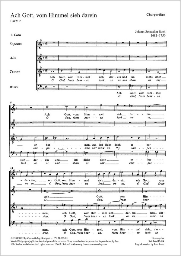 Ach Gott vom Himmel sieh darein&nbsp;&nbsp;Kantate Nr.2 BWV2&nbsp;&nbsp;Chorpartitur