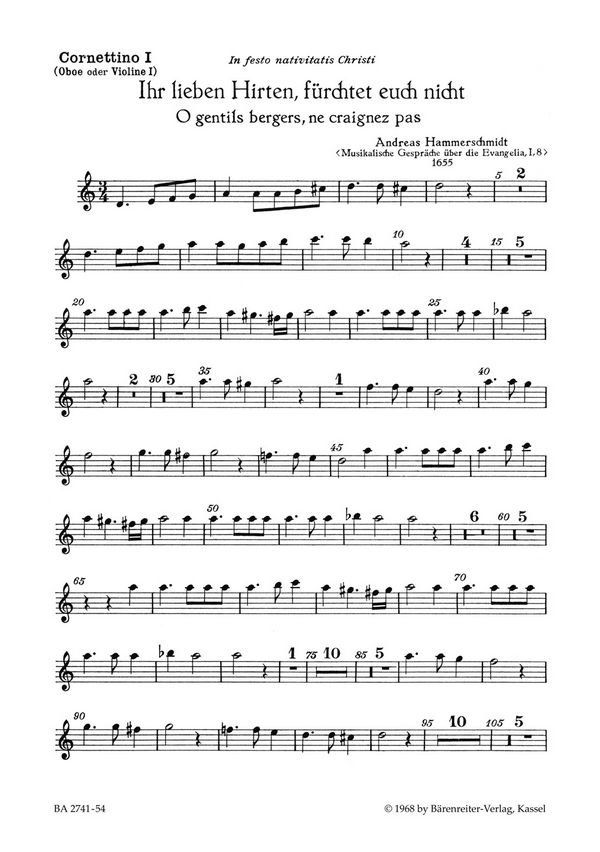 Ihr lieben Hirten fürchtet euch nicht&nbsp;&nbsp;für 4 gem Stimmen&nbsp;&nbsp;Cornettino 1