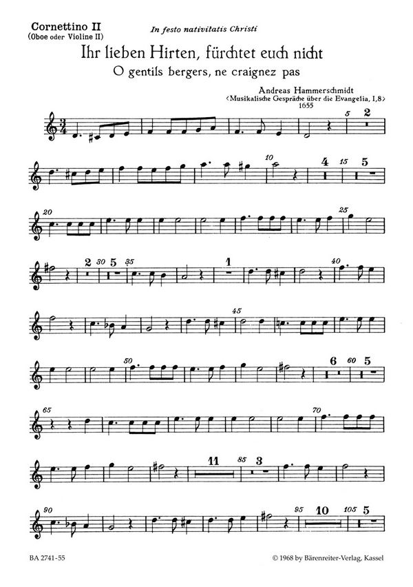 Ihr lieben Hirten fürchtet euch nicht&nbsp;&nbsp;für 4 gem Stimmen&nbsp;&nbsp;Cornettino 2