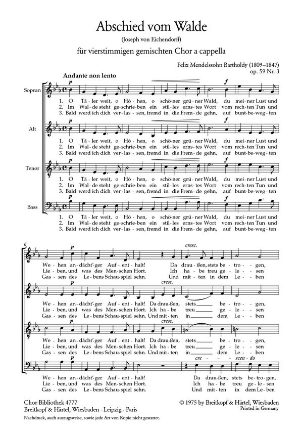 Abschied vom Walde op.59,3  für gem Chor a cappella  Chorpartitur