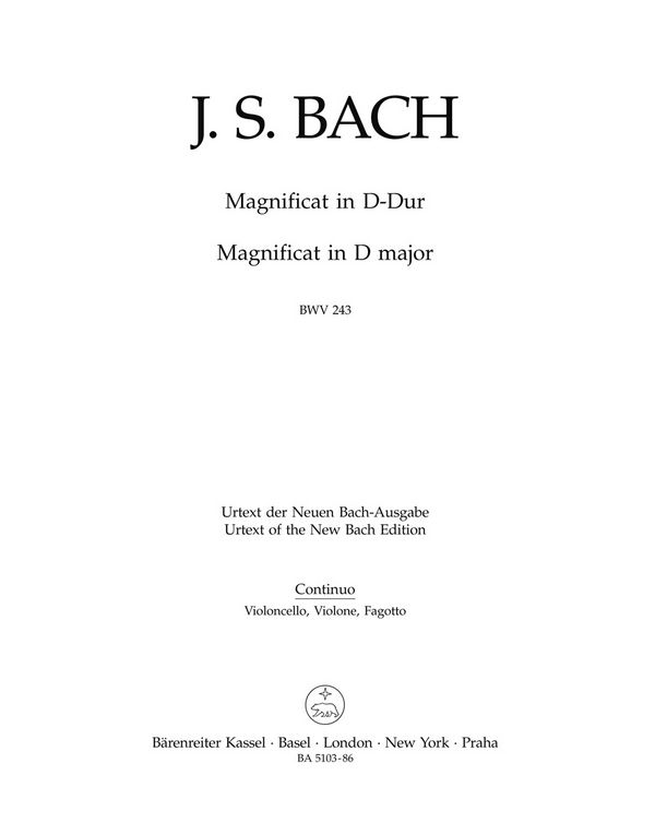Magnificat D-Dur BWV243 für Soli (SSATB),&nbsp;&nbsp;Chor (SSATB) und Orchester&nbsp;&nbsp;Cello/Bass/Fagott