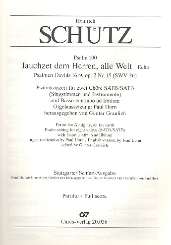 Jauchzet dem Herren alle Welt&nbsp;&nbsp;SWV36 Psalm 100 für Doppelchor&nbsp;&nbsp;und Bc   Partitur (dt)