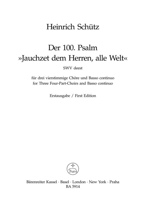 Jauchzet dem Herren alle Welt&nbsp;&nbsp;Psalm 100 für gem Chor&nbsp;&nbsp;(SSSAAATTTBBB) und Bc,   Partitur