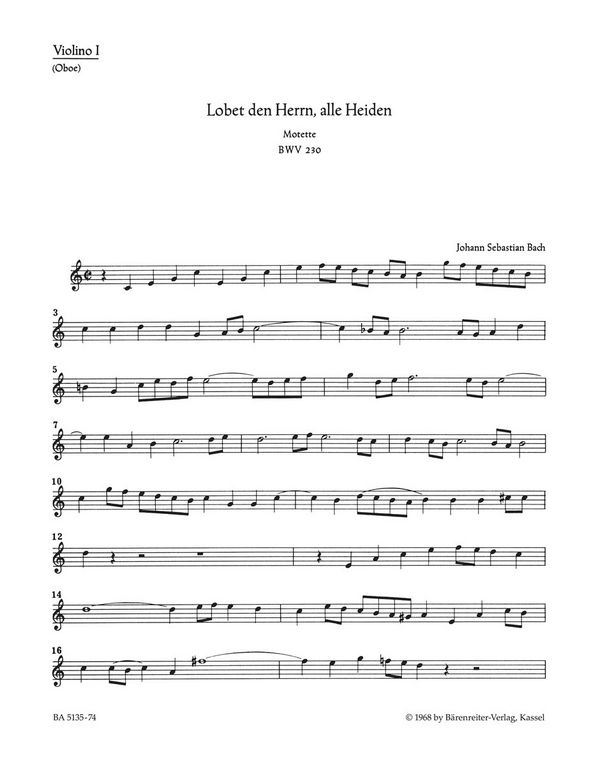 Lobet den Herrn alle Heiden BWV230&nbsp;&nbsp;Motette Nr.6 für gem Chor&nbsp;&nbsp;Violine 1 (Oboe)