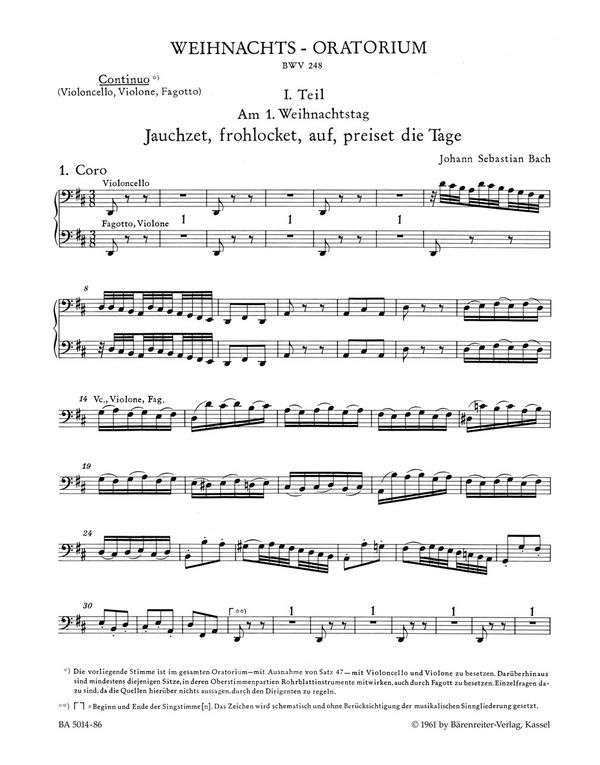Weihnachtsoratorium BWV248&nbsp;&nbsp;für Soli, Chor und Orchester&nbsp;&nbsp;Continuo (Violoncello/Kontrabass/Fagott) (Mindestabnahme 2 Ex)
