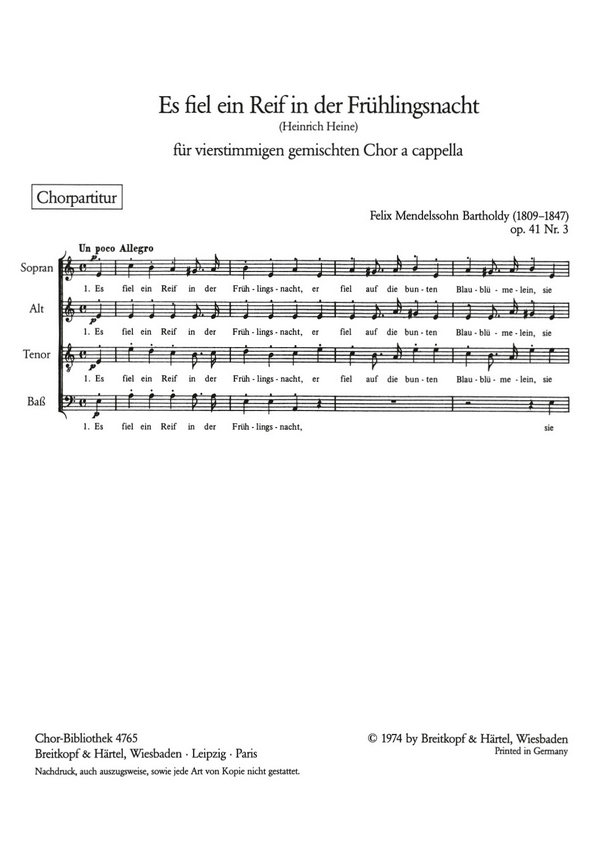 Es fiel ein Reif in der Frühlingsnacht op.41/3&nbsp;&nbsp;für gem Chor a cappella&nbsp;&nbsp;Chorpartitur