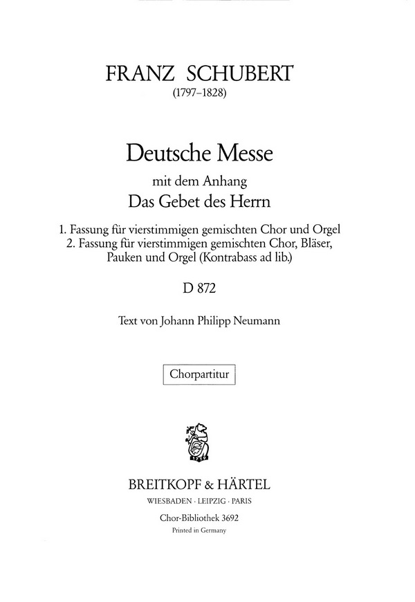 Deutsche Messe F-Dur D872&nbsp;&nbsp;für gem Chor und Orgel&nbsp;&nbsp;Chorpartitur