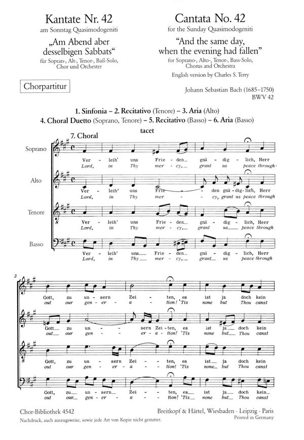 Am Abend aber desselbigen Sabbats - Kantate Nr.42 BWV42  für Soli, gem Chor und Orchester  Chorpartitur