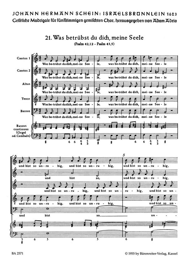 Was betrübst du dich meine Seele&nbsp;&nbsp;Motette 21 für gem Chor (SSATB) und Bc&nbsp;&nbsp;Partitur