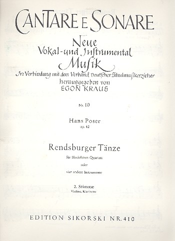 Rendsburger Tänze op.42  für 4 Blockflöten (SATB)  Violine / Klarinette (Altstimme)