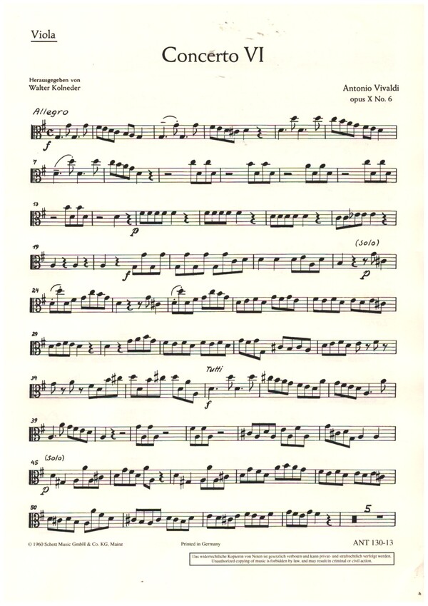 Concerto Nr. 6 op. 10/6 RV 437/PV 105&nbsp;&nbsp;für Flöte (Alt-Blockflöte), Streichorchester und Basso continuo&nbsp;&nbsp;Einzelstimme - Viola