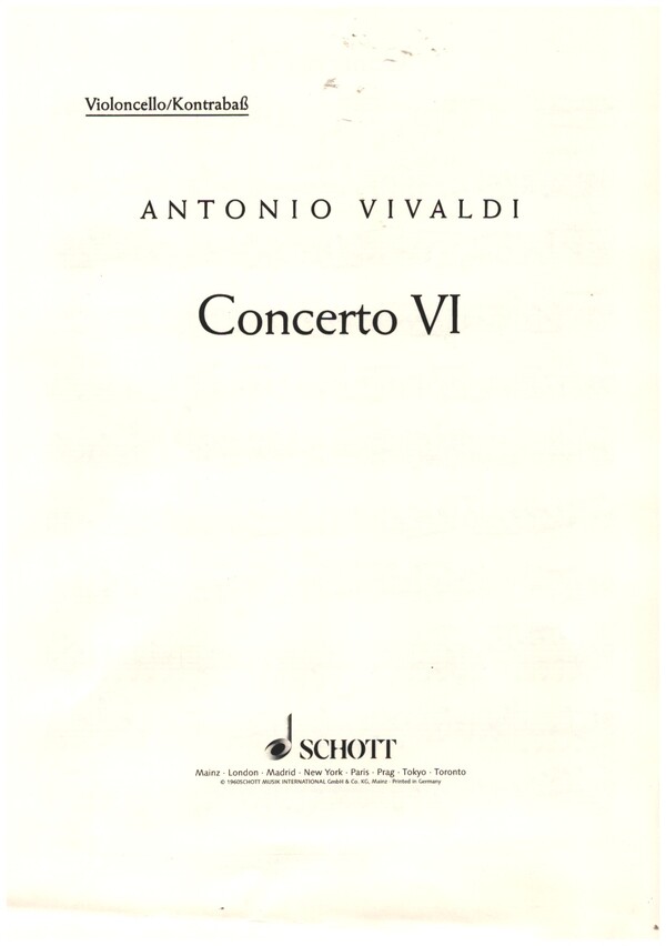 Concerto Nr. 6 op. 10/6 RV 437/PV 105&nbsp;&nbsp;für Flöte (Alt-Blockflöte), Streichorchester und Basso continuo&nbsp;&nbsp;Einzelstimme - Violoncello/Kontrabass