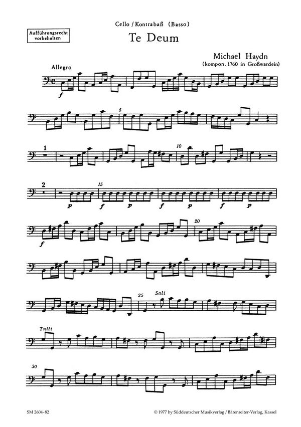 TE DEUM FUER GEM CHOR, 2 VL,&nbsp;&nbsp;2 TRP, PK UND ORGEL  CELLO/BASS&nbsp;&nbsp;